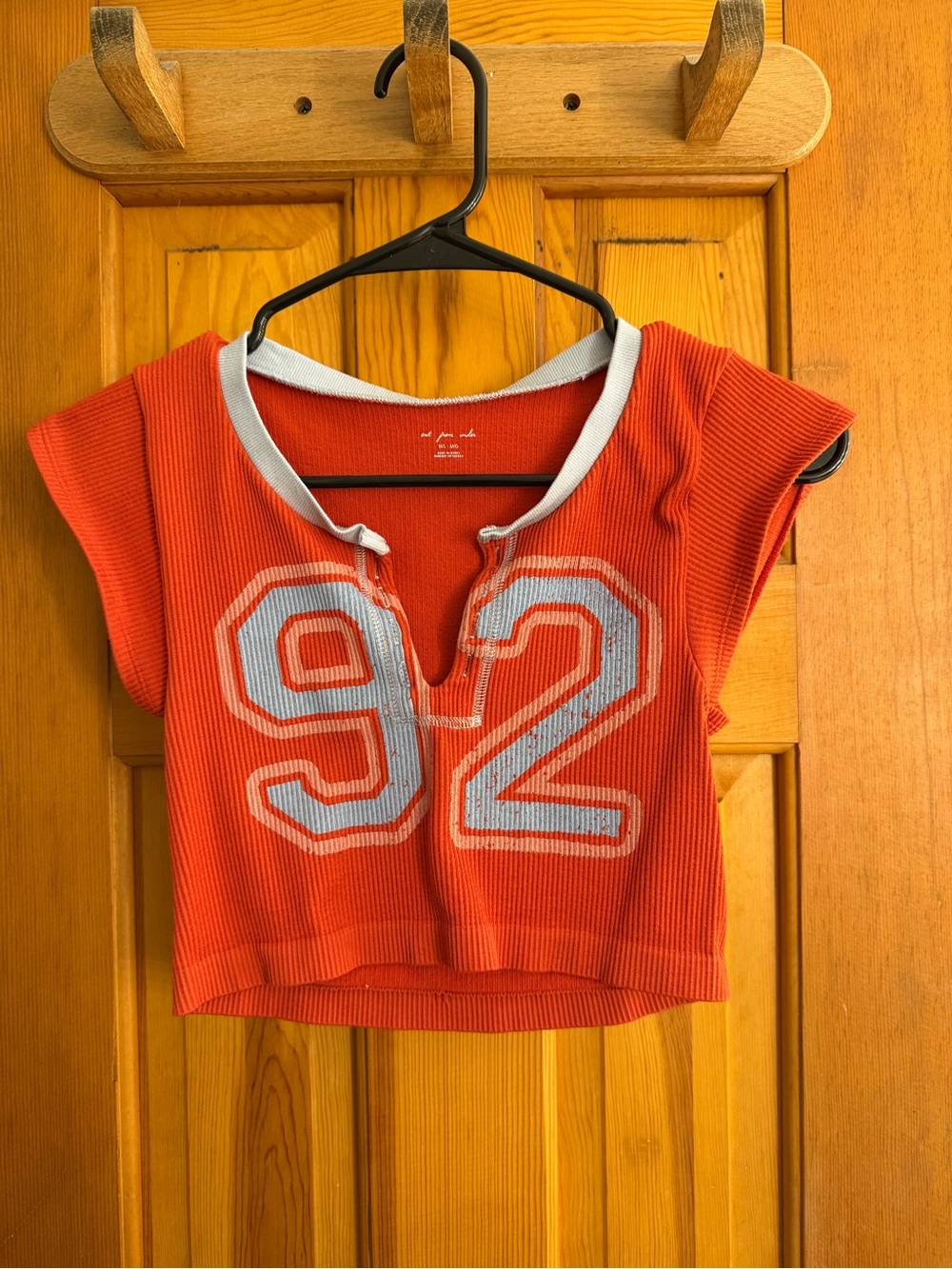 Urban Outfitters Red Short Sleeve Ribbed Crop Top with White '92' Graphic
